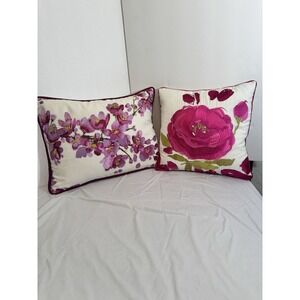 Bluebellgray Floral Embroidered Throw Pillows Set 2 Feather Filled Purple Rose